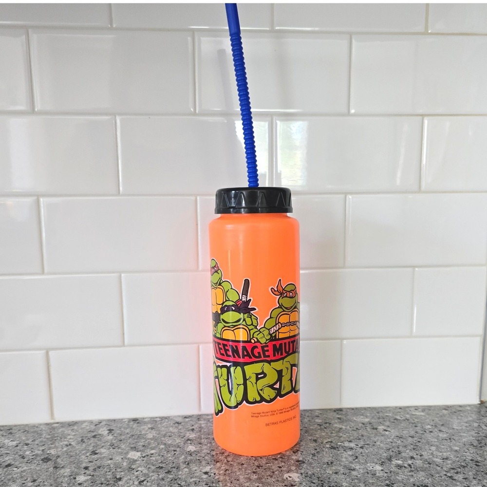 Betras Plastics TMNT Water Bottle Vintage 1988 Orange‎ Kids Straw READ